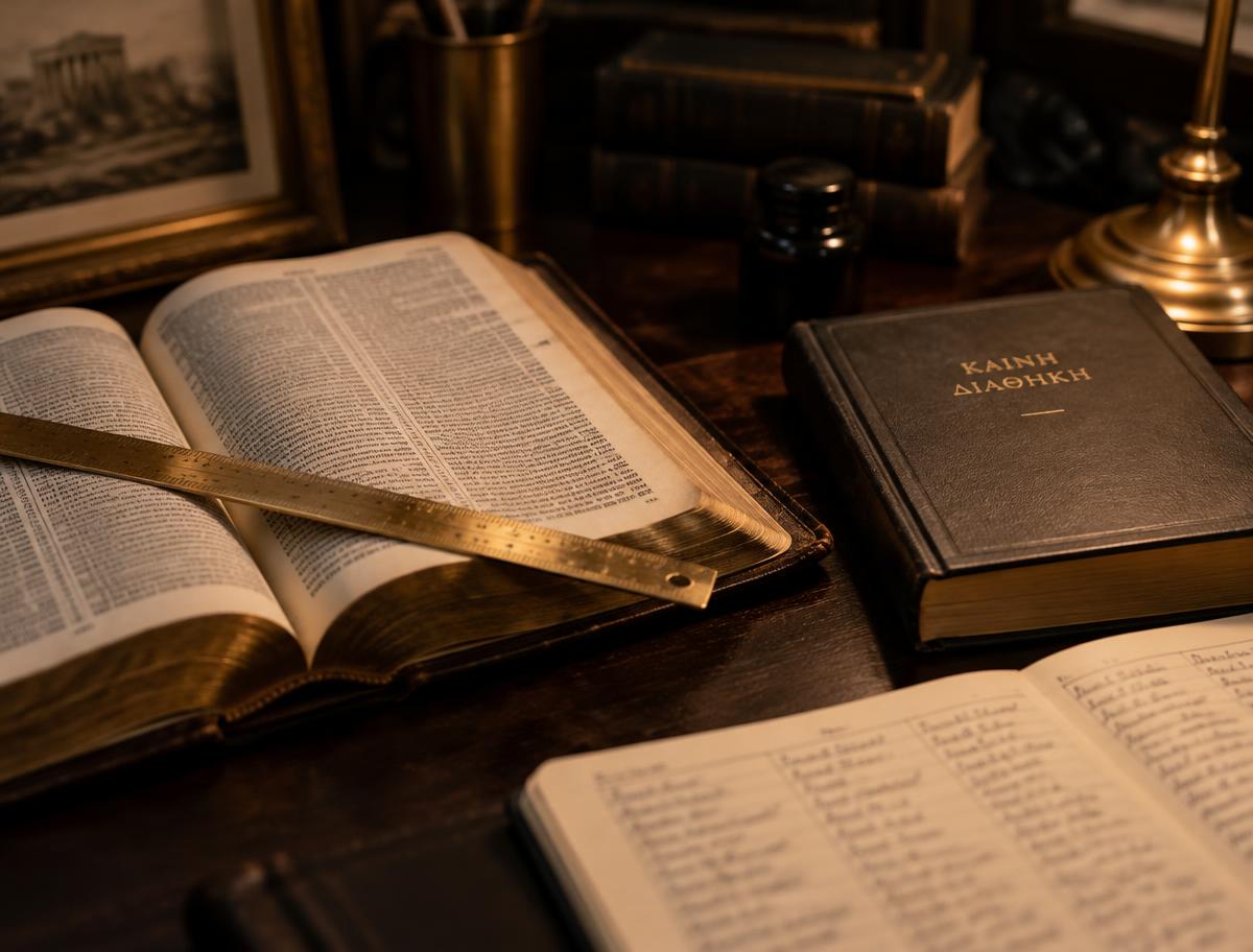 An open Bible, a Greek New Testament and a concordance with a brass ruler on a desk