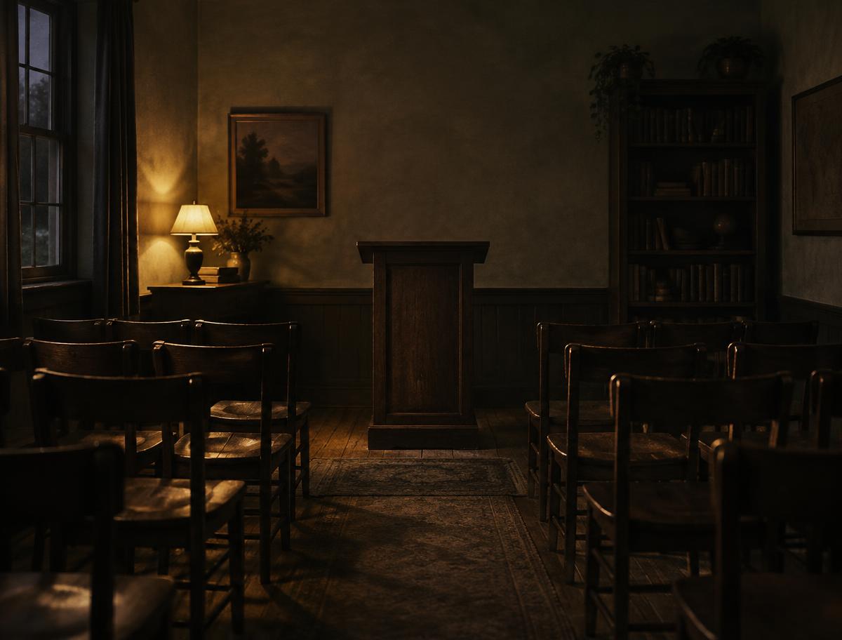 A quiet teaching room at night with chairs facing a lectern